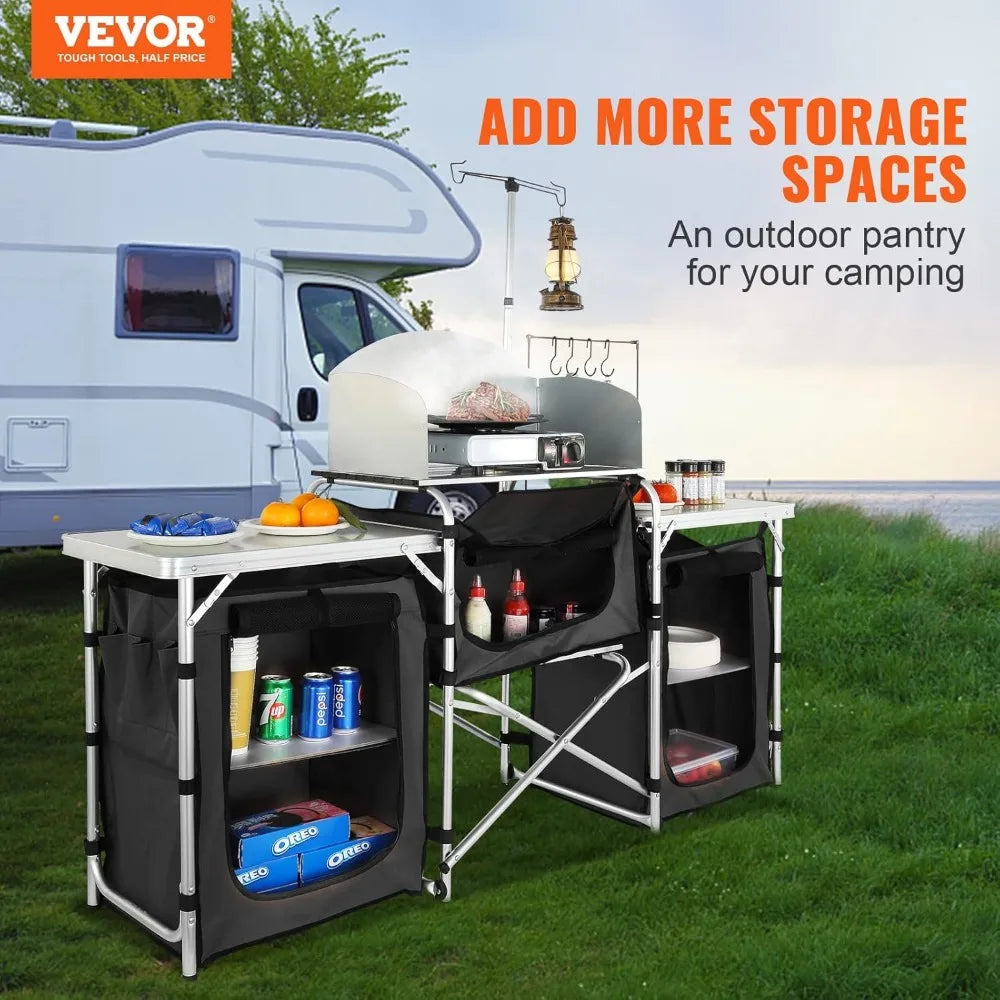VEVOR Camping Kitchen Table with 3 Cupboard Folding Aluminum Cook Station, Storage & Carrying Bag