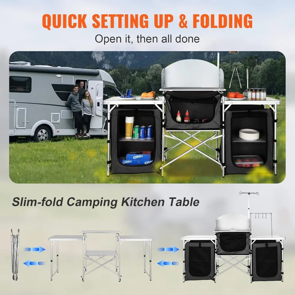 VEVOR Camping Kitchen Table with 3 Cupboard Folding Aluminum Cook Station, Storage & Carrying Bag