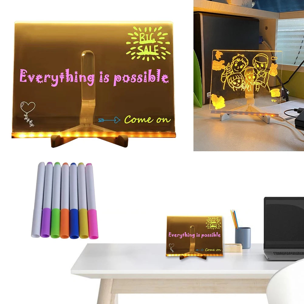 LED Acrylic Dry Erase Board With 7 Colorful Pens