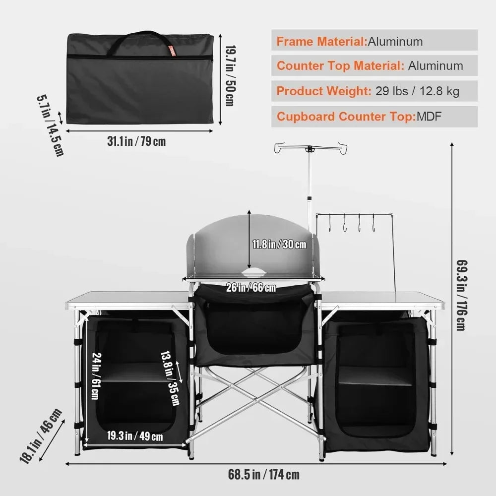 VEVOR Camping Kitchen Table with 3 Cupboard Folding Aluminum Cook Station, Storage & Carrying Bag