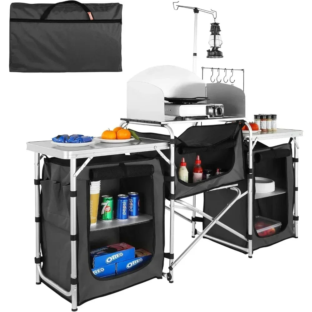 VEVOR Camping Kitchen Table with 3 Cupboard Folding Aluminum Cook Station, Storage & Carrying Bag