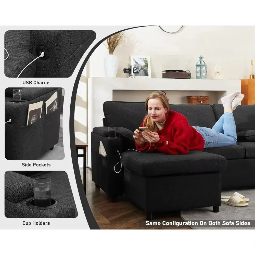 2 in 1 Pull Out Sectional Sleeper Sofa with Storage, USB Plug, Cup Holder