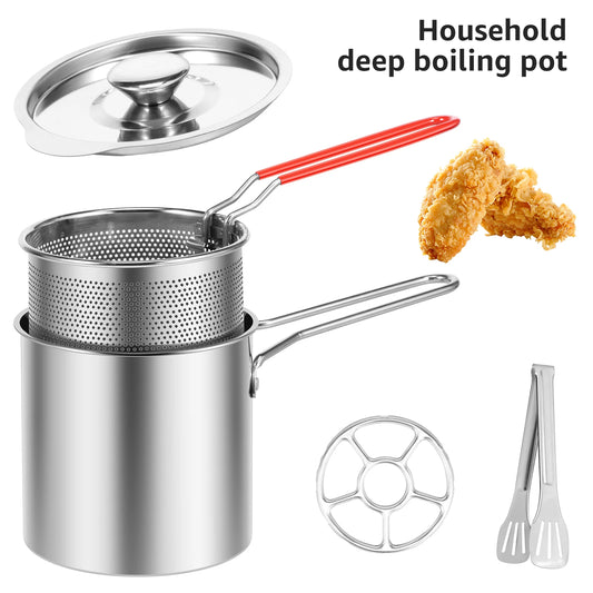 Stainless Steel Deep Fryer with Strainer Basket with Handle, Tongs & Lid