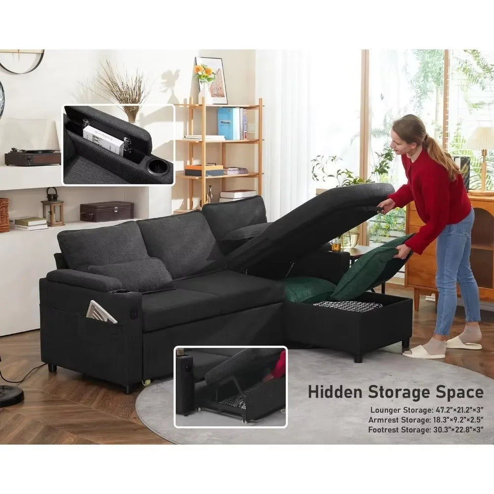 2 in 1 Pull Out Sectional Sleeper Sofa with Storage, USB Plug, Cup Holder