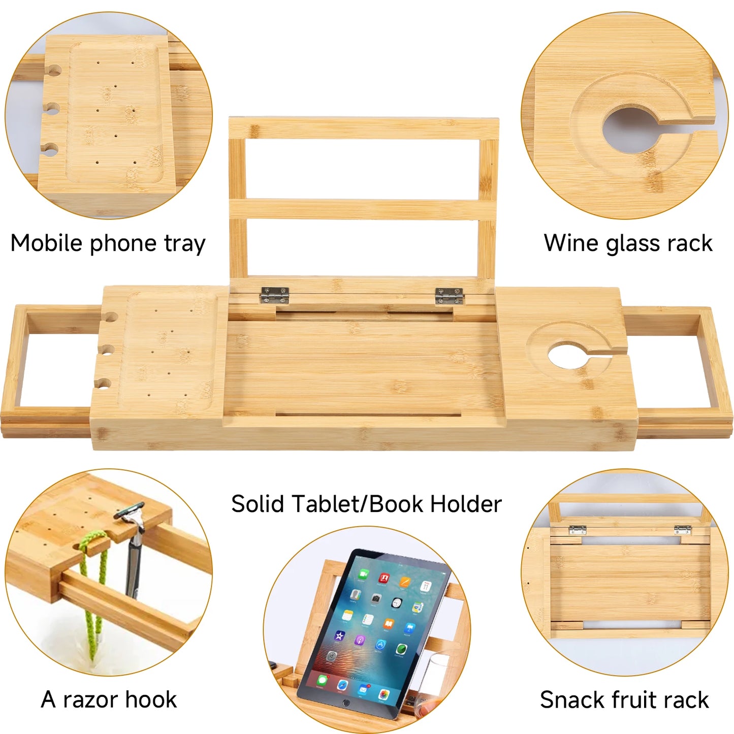Adjustable Length Bamboo / Plastic Bathtub Shelf