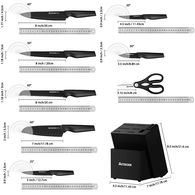 Astercook 15pcs Black Stainless Steel Kitchen Knife Set with Built-in Sharpening Block