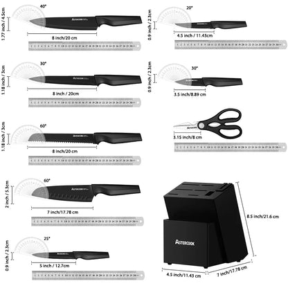 Astercook 15pcs Black Stainless Steel Kitchen Knife Set with Built-in Sharpening Block