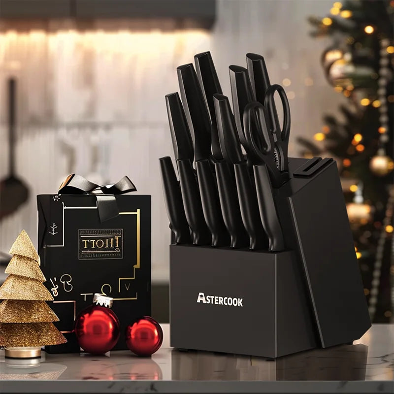 Astercook 15pcs Black Stainless Steel Kitchen Knife Set with Built-in Sharpening Block