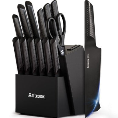 Astercook 15pcs Black Stainless Steel Kitchen Knife Set with Built-in Sharpening Block