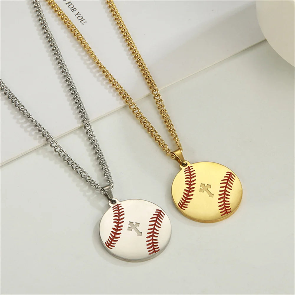 Baseball Cross Round Pendant Necklace