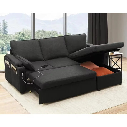 2 in 1 Pull Out Sectional Sleeper Sofa with Storage, USB Plug, Cup Holder