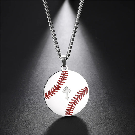 Baseball Cross Round Pendant Necklace