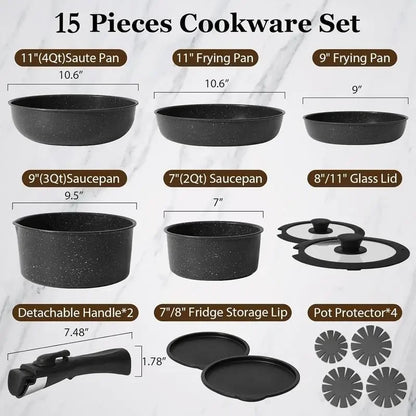 15pcs Ultra Non-stick Pots and Pans Set with Removeable Handle