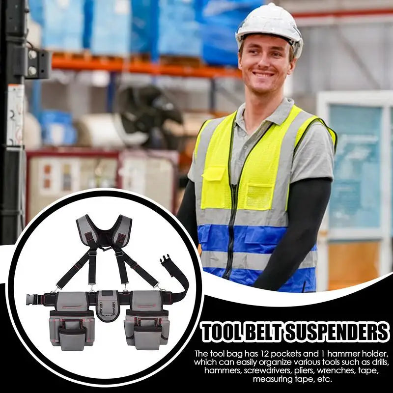 Heavy Duty Construction Suspender Tool Belt with Pouches