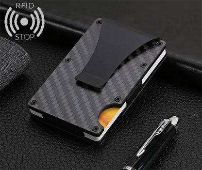 RFID Blocking Black Carbon Slim Wallet With Money Clip