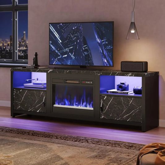 70" Modern Entertainment Center for 75"/80" with LED Lights, Fireplace, Storage Cabinets and Adjustable Shelves