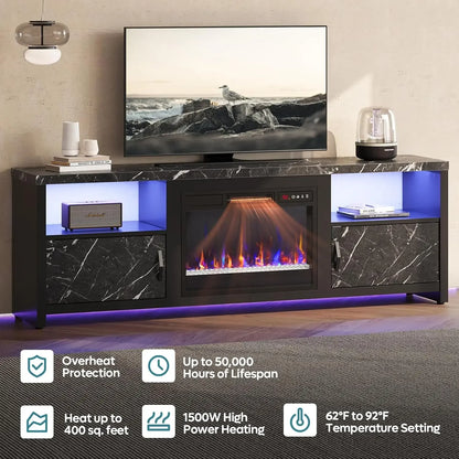 70" Modern Entertainment Center for 75"/80" with LED Lights, Fireplace, Storage Cabinets and Adjustable Shelves