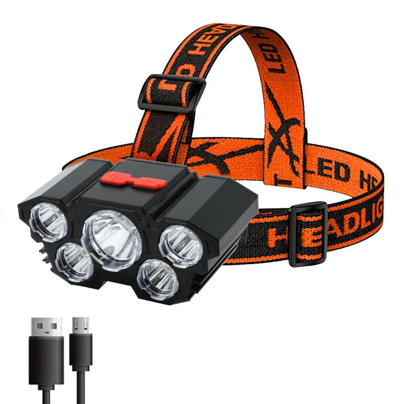 5 LED Headlamp Flashlight USB Rechargeable